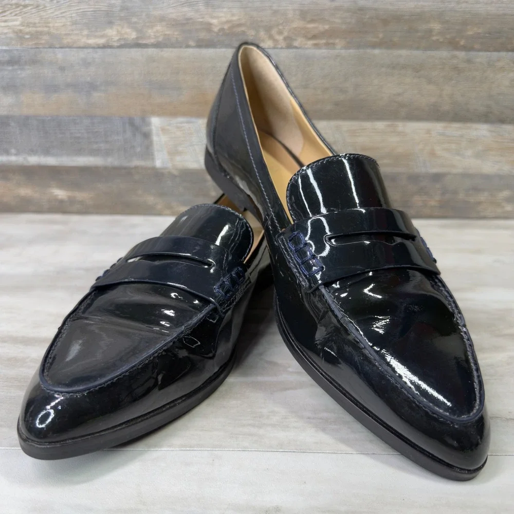 MICHAEL KORS Connor Womens Size 8 Navy Blue Patent Leather Penny Loafers